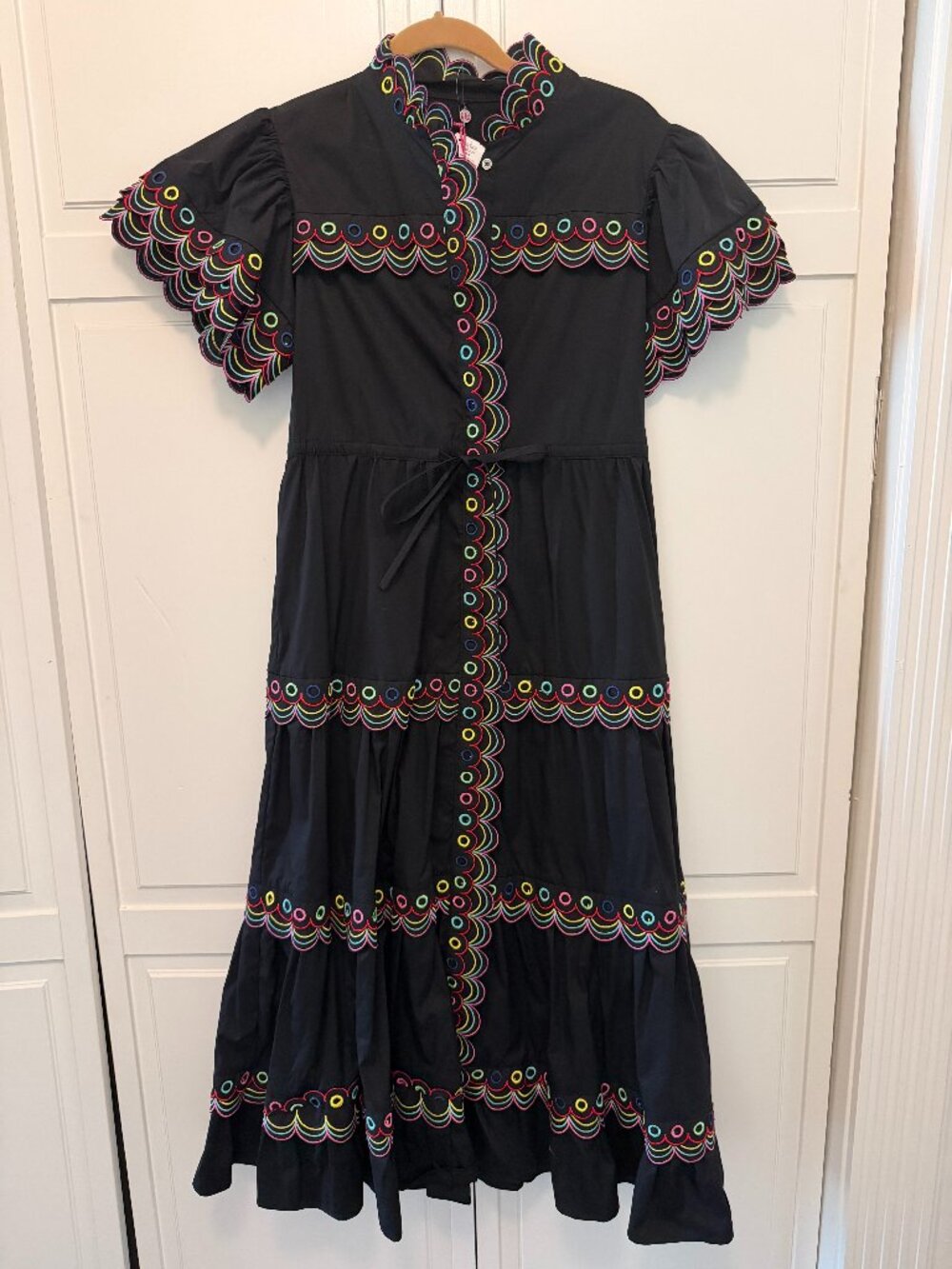 Celia B Black Embroidered Midi Dress NWT Size M Colorful Scallop Trim